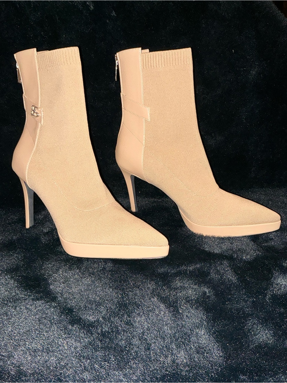 Pointed Toe Nude Stretch Sock Ankle Boots with Stiletto Heel